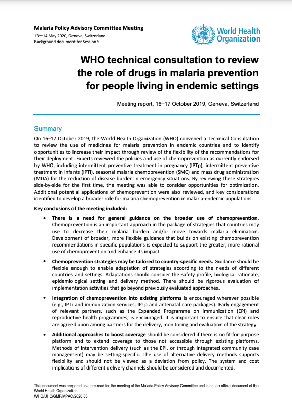 WHO technical consultation to review the role of drugs in malaria prevention for people living in endemic settings