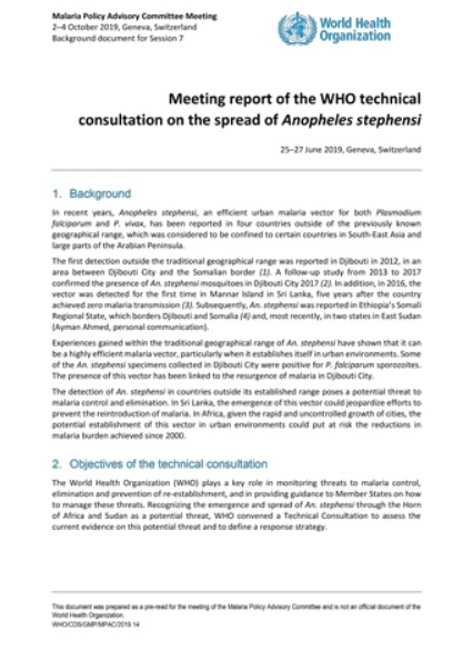 Meeting report of the WHO technical consultation on the spread of Anopheles stephensi